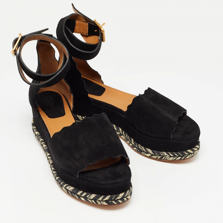 Pre Owned Chloe Black Suede Lauren Espadrille Wedge Sandals Size 39