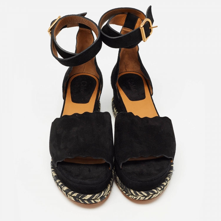 Pre Owned Chloe Black Suede Lauren Espadrille Wedge Sandals Size 39