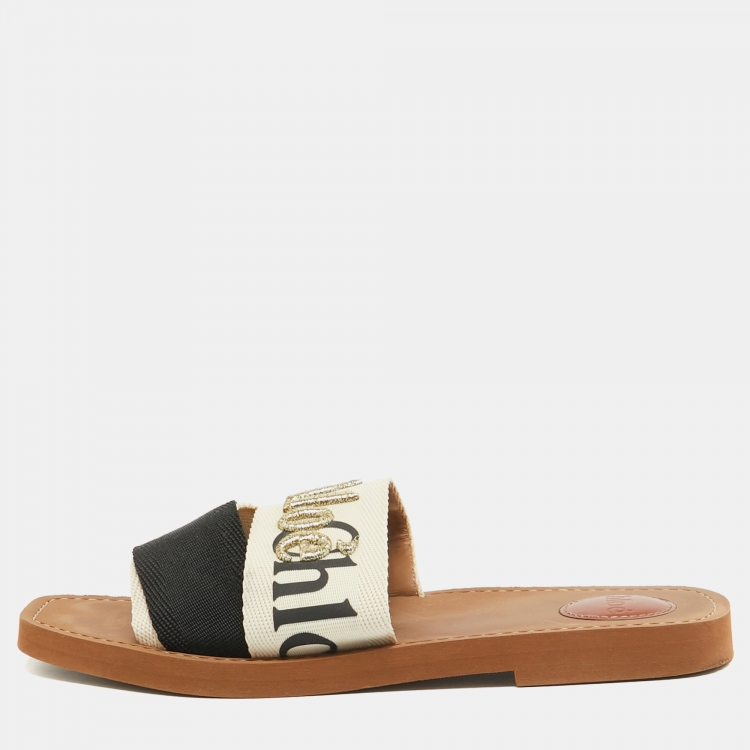 Pre Owned Chloe Cream/Black Embroidered Logo Canvas Woody Flat Slides Size 39