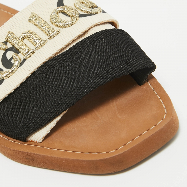 Pre Owned Chloe Cream/Black Embroidered Logo Canvas Woody Flat Slides Size 39