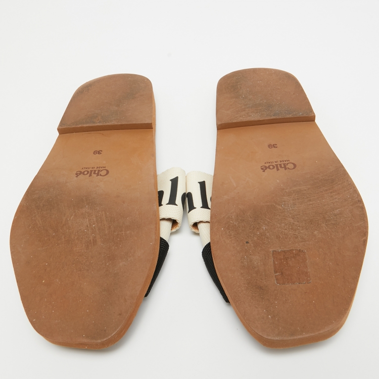 Pre Owned Chloe Cream/Black Embroidered Logo Canvas Woody Flat Slides Size 39