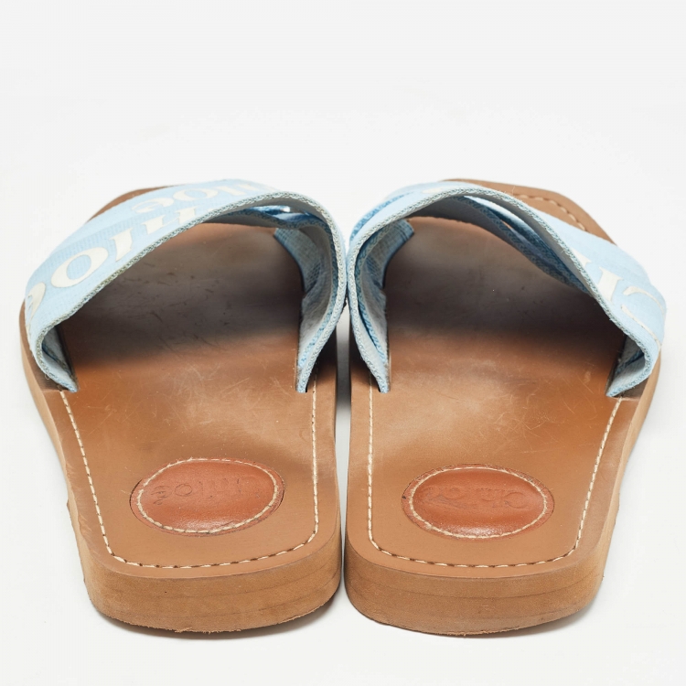 Pre Owned Chloe Blue Canvas Woody Flat Slides Size 37