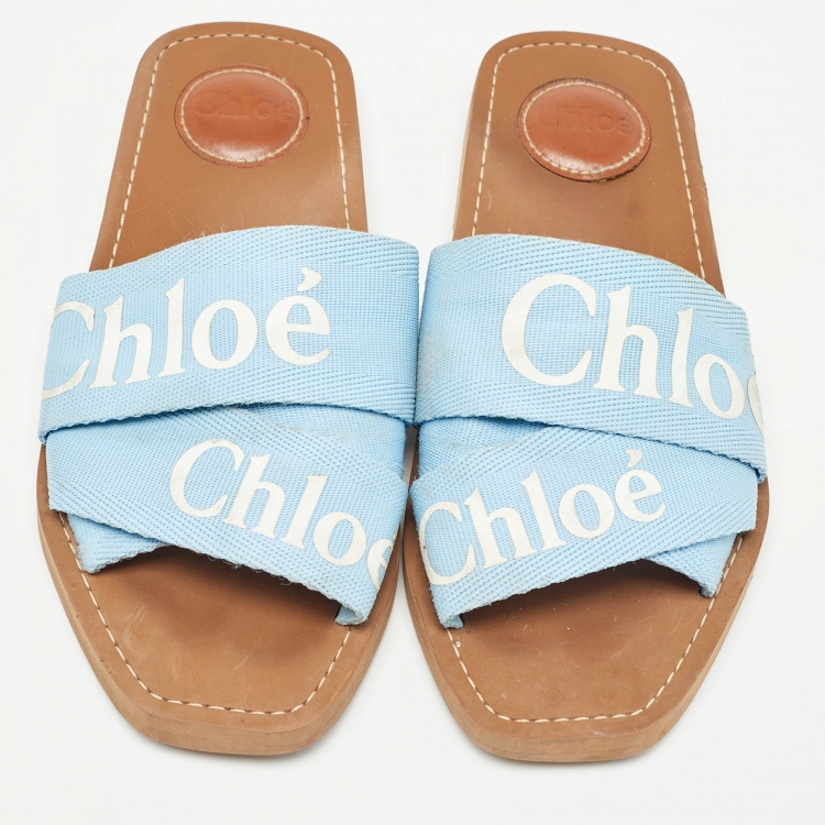 Pre Owned Chloe Blue Canvas Woody Flat Slides Size 37