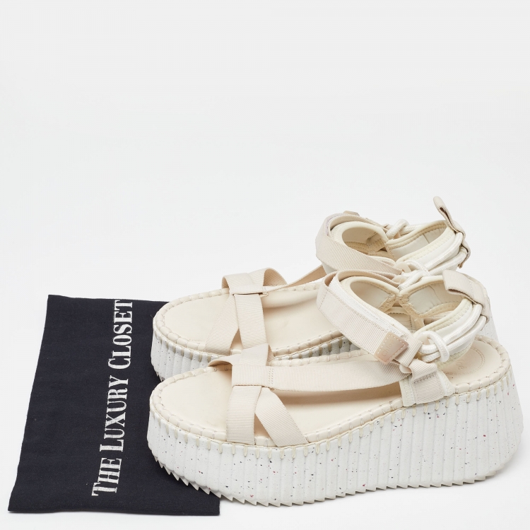 Pre Owned Chloe White Nylon Nama Platform Velcro Ankle Strap Sandals Size 39