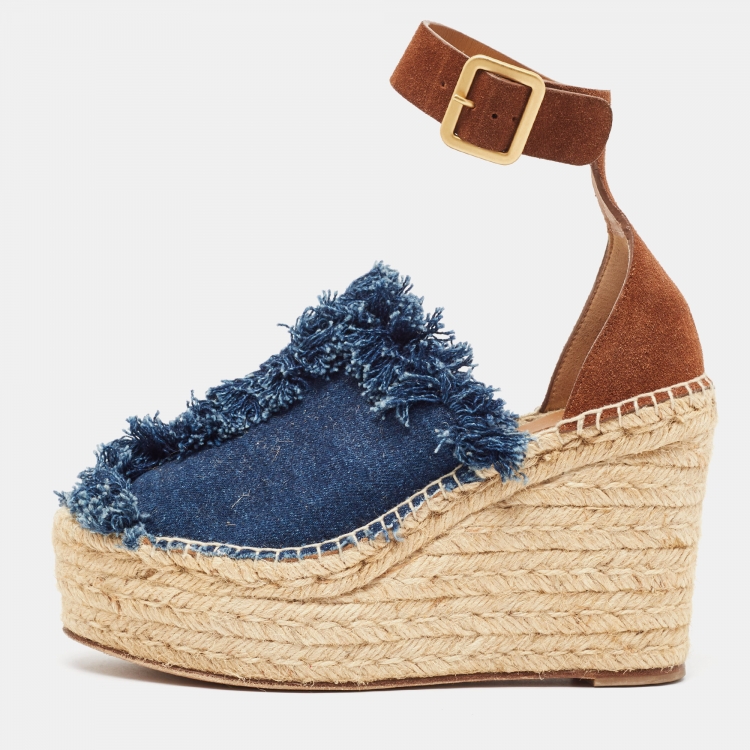 Pre Owned Chloe Navy Blue/Brown Denim and Suede Espadrille Wedge Ankle Strap Sandals Size 39