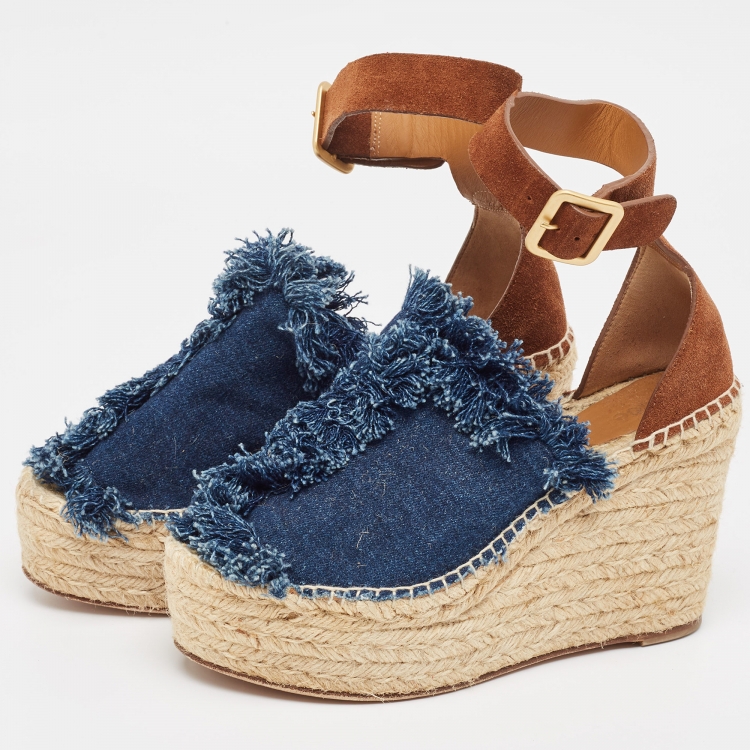 Pre Owned Chloe Navy Blue/Brown Denim and Suede Espadrille Wedge Ankle Strap Sandals Size 39