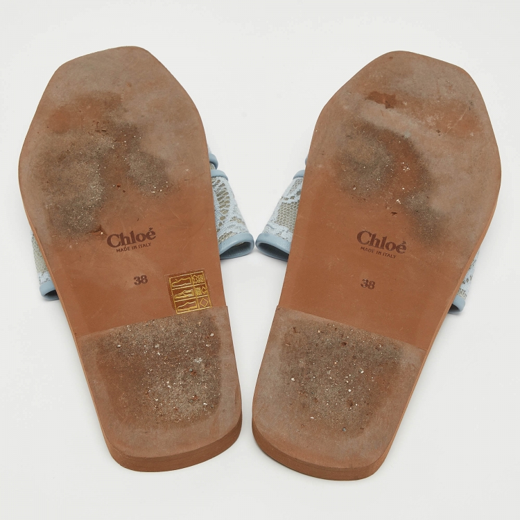 Pre Owned Chloe Blue Mesh and Lace Woody Flat Slides Size 38  