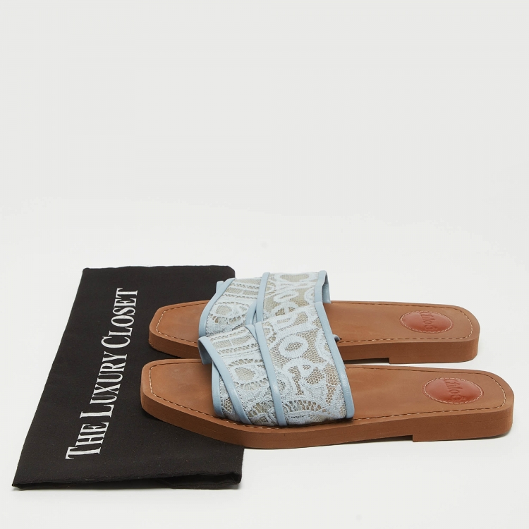 Pre Owned Chloe Blue Mesh and Lace Woody Flat Slides Size 38  