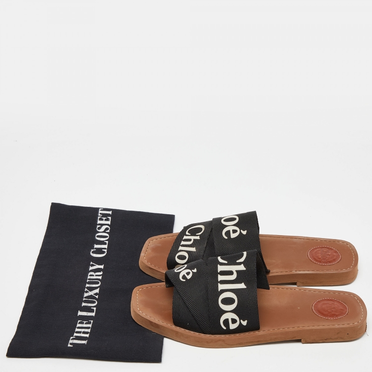 Pre Owned Chloe Black Canvas Logo Ribbon Woody Flat  Slides Size 38 