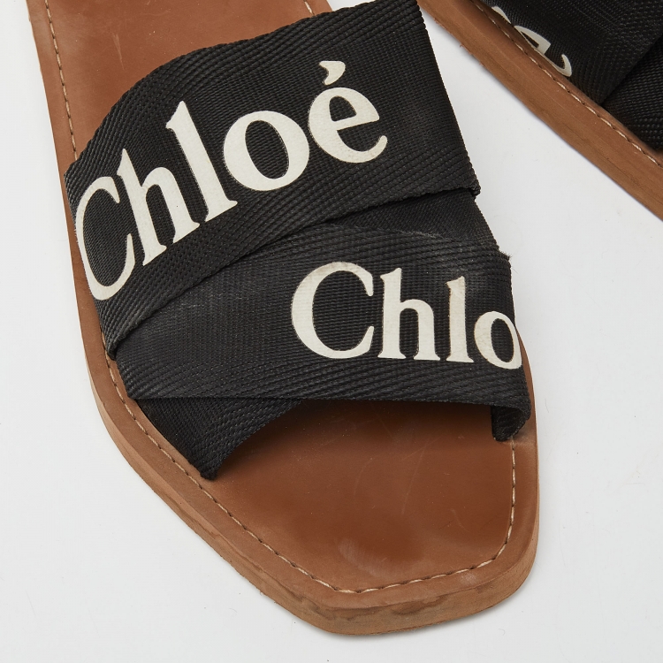 Pre Owned Chloe Black Canvas Logo Ribbon Woody Flat  Slides Size 38 