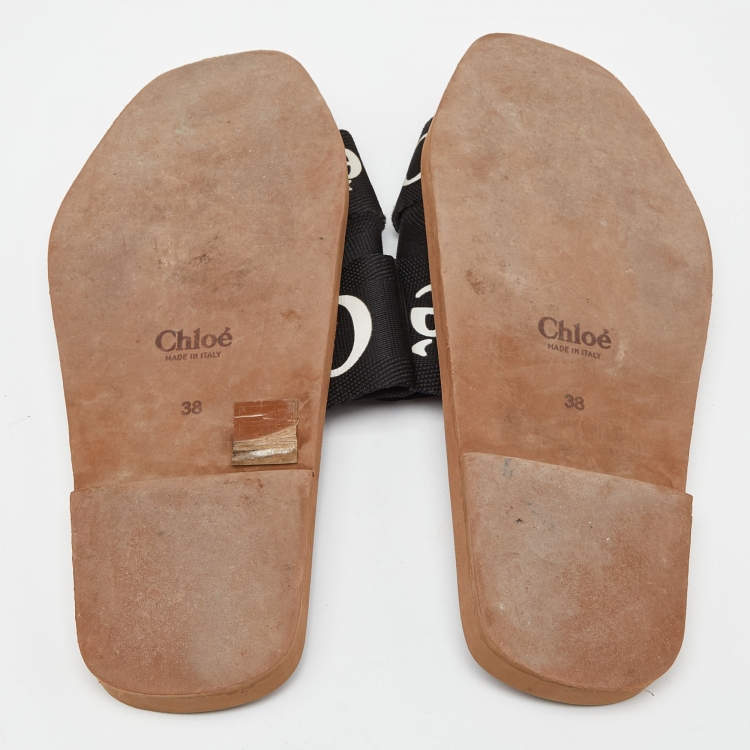 Pre Owned Chloe Black Canvas Logo Ribbon Woody Flat  Slides Size 38 