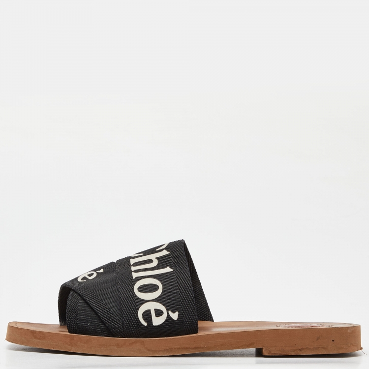 Pre Owned Chloe Black Canvas Logo Ribbon Woody Flat  Slides Size 38 