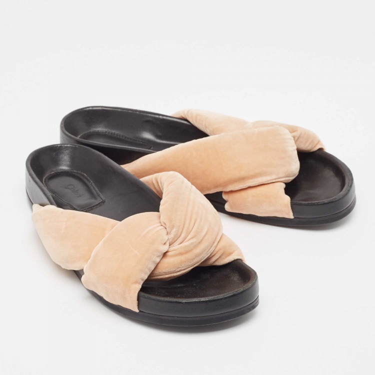 Pre Owned Chloe Beige Velvet Knotted Slip On Slides Size 39