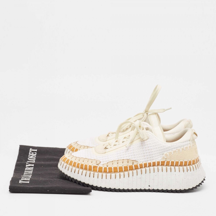Pre Owned Chloe Beige/White Knit Fabric And Suede Lace Up Sneakers Size 38