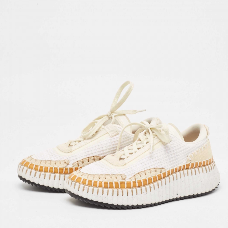 Pre Owned Chloe Beige/White Knit Fabric And Suede Lace Up Sneakers Size 38