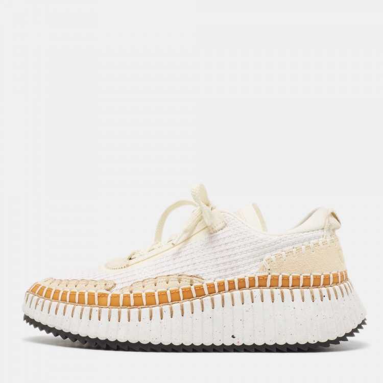 Pre Owned Chloe Beige/White Knit Fabric And Suede Lace Up Sneakers Size 38