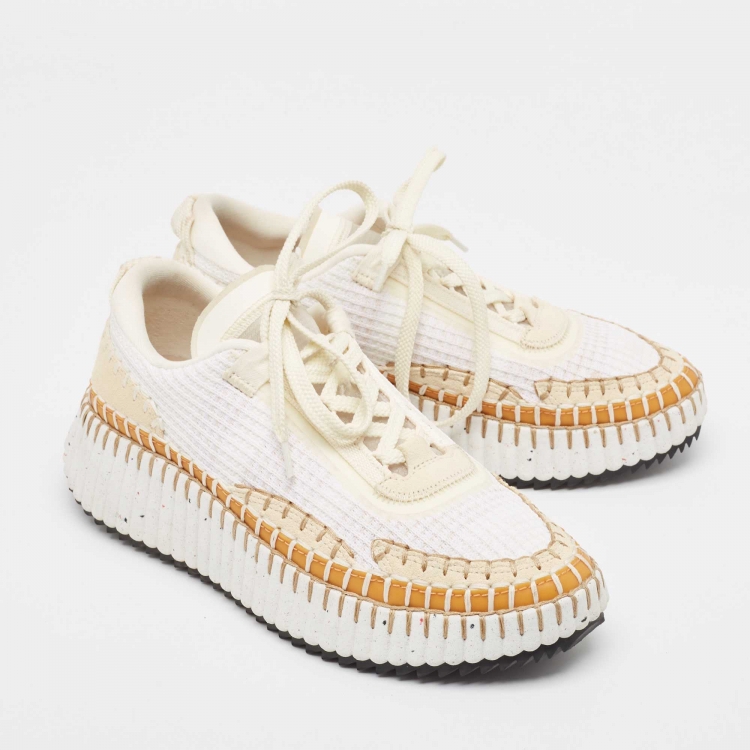 Pre Owned Chloe Beige/White Knit Fabric And Suede Lace Up Sneakers Size 38
