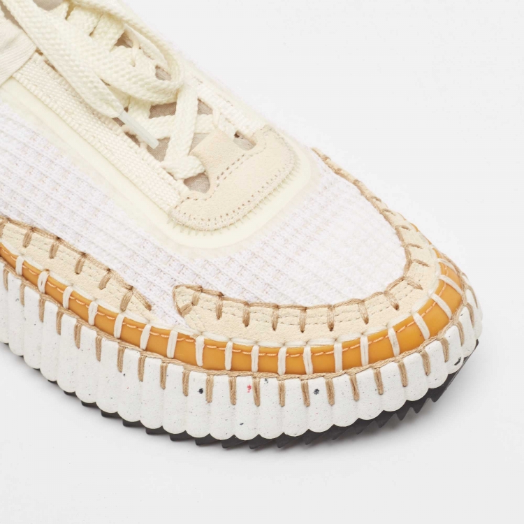 Pre Owned Chloe Beige/White Knit Fabric And Suede Lace Up Sneakers Size 38