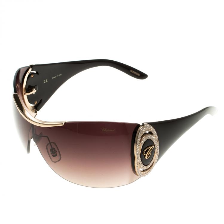 Pre Owned Chopard Dark Brown and Gold SCH 748S Shield Sunglasses