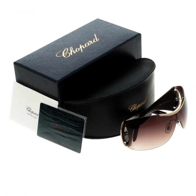 Pre Owned Chopard Dark Brown and Gold SCH 748S Shield Sunglasses