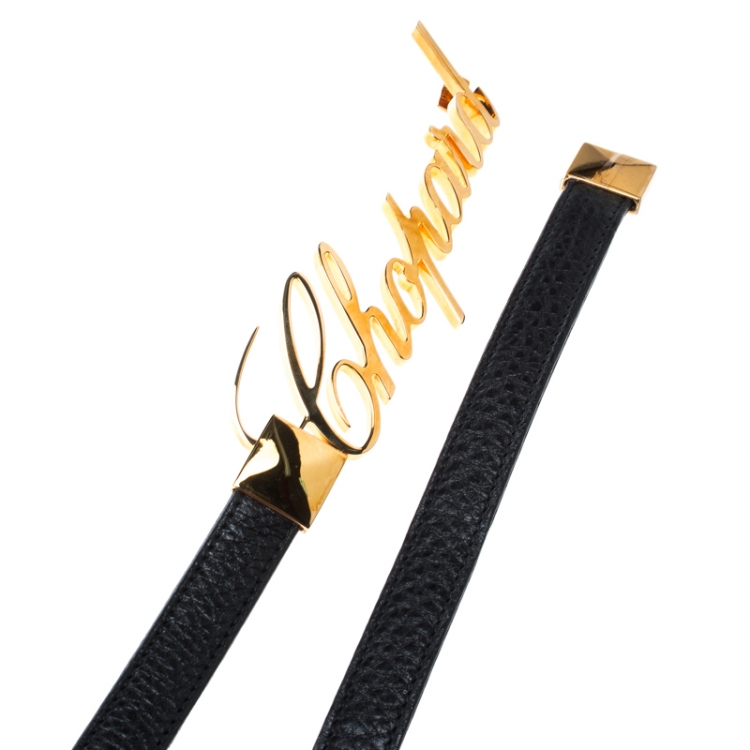 Pre Owned Chopard Black Leather Logo Buckle Belt 90cm