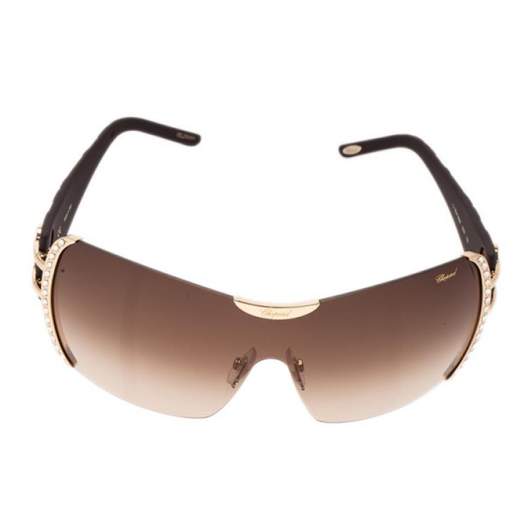 Pre Owned Chopard Black and Gold SCH935S Shield Sunglasses