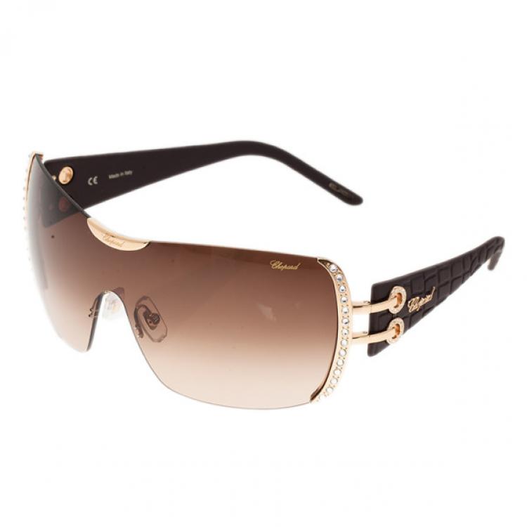 Pre Owned Chopard Black and Gold SCH935S Shield Sunglasses
