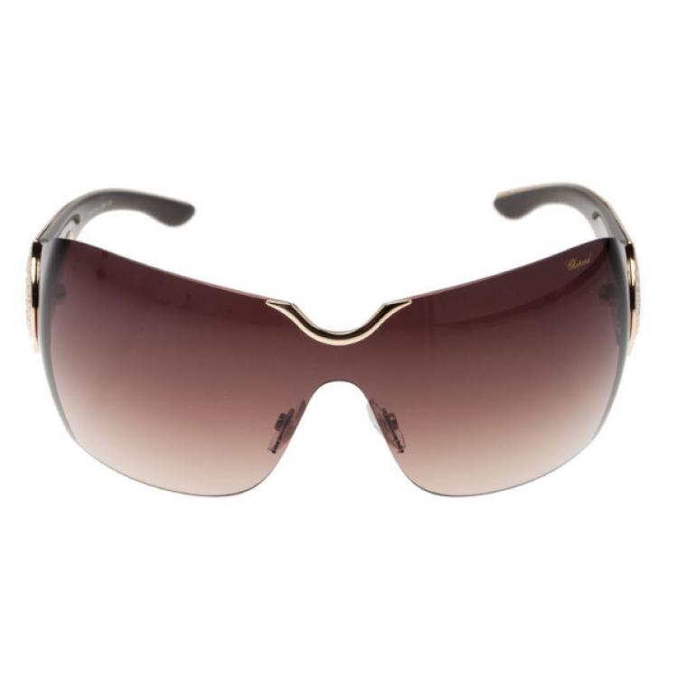 Pre Owned Chopard Gold Embossed SCH 883S Shield Sunglasses