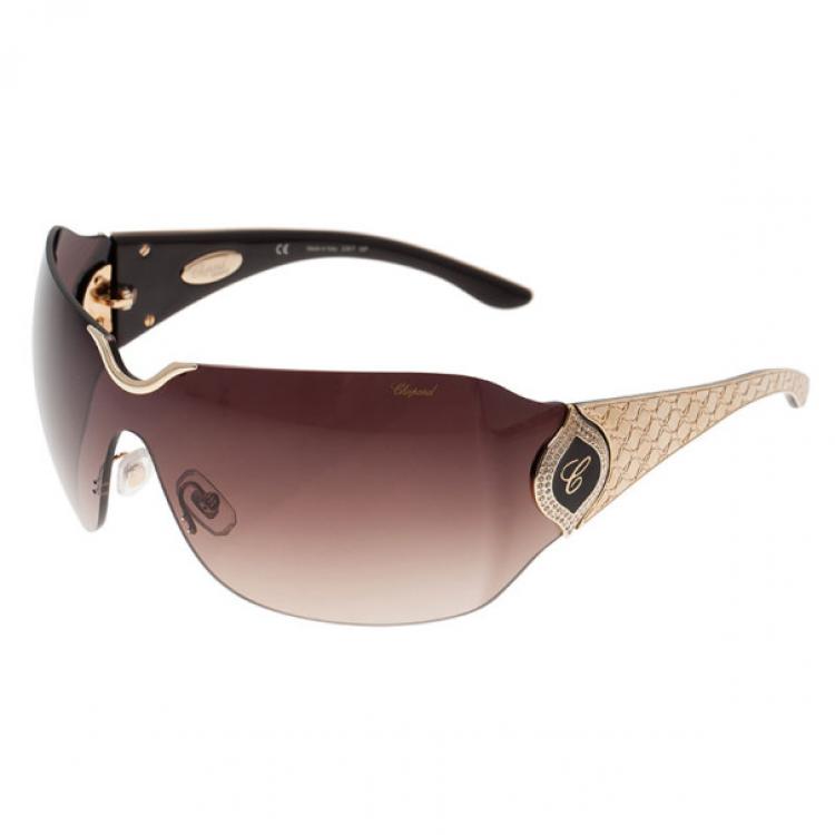 Pre Owned Chopard Gold Embossed SCH 883S Shield Sunglasses