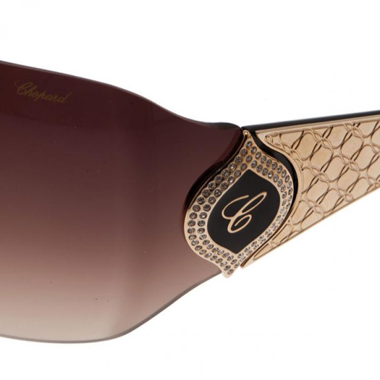 Pre Owned Chopard Gold Embossed SCH 883S Shield Sunglasses