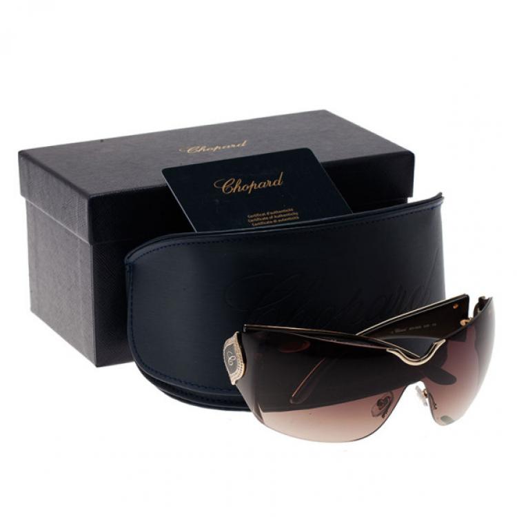 Pre Owned Chopard Gold Embossed SCH 883S Shield Sunglasses