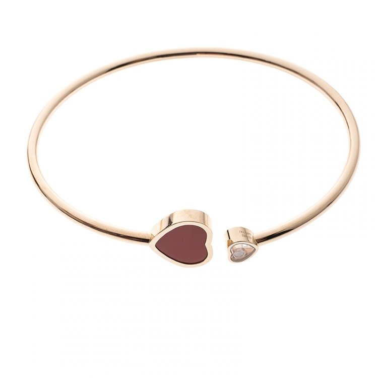 Pre Owned Chopard Happy Heart Red Stone & Diamond 18k Rose Gold Open Bangle Bracelet 17cm