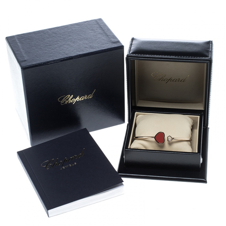 Pre Owned Chopard Happy Heart Red Stone & Diamond 18k Rose Gold Open Bangle Bracelet 17cm
