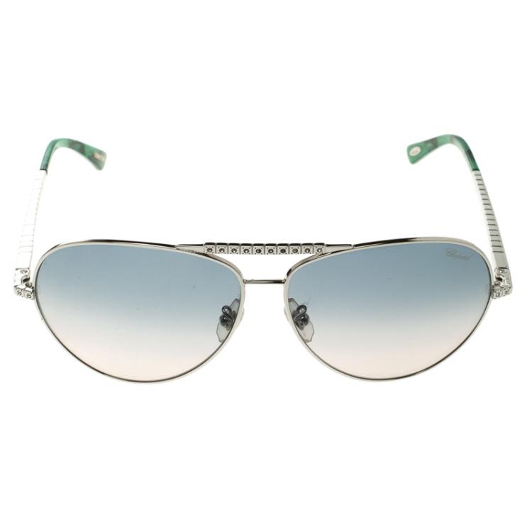 Pre Owned Chopard Green/Silver SCH934S Embellished Aviator Sunglasses