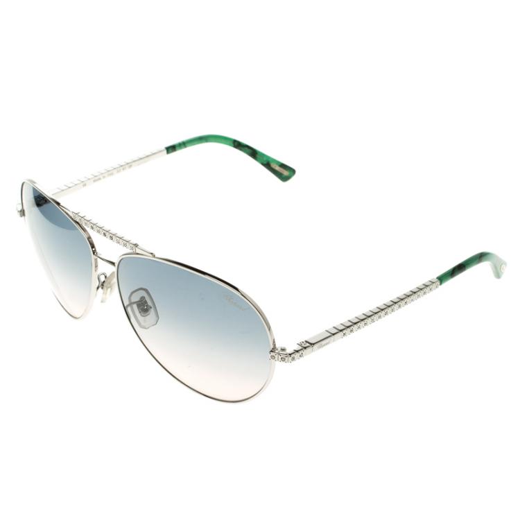 Pre Owned Chopard Green/Silver SCH934S Embellished Aviator Sunglasses