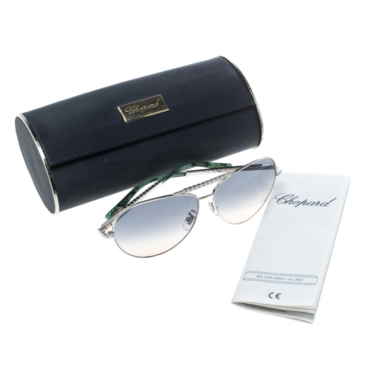 Pre Owned Chopard Silver/Green Gradient SCH934S Embellished Aviator Sunglasses