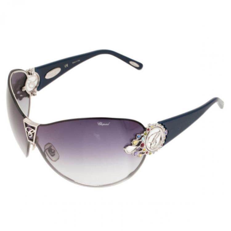 Pre Owned Chopard Black and Blue SCH 806S Embellished Shield Sunglasses