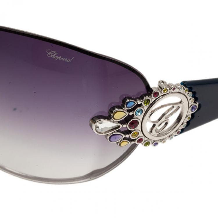 Pre Owned Chopard Black and Blue SCH 806S Embellished Shield Sunglasses