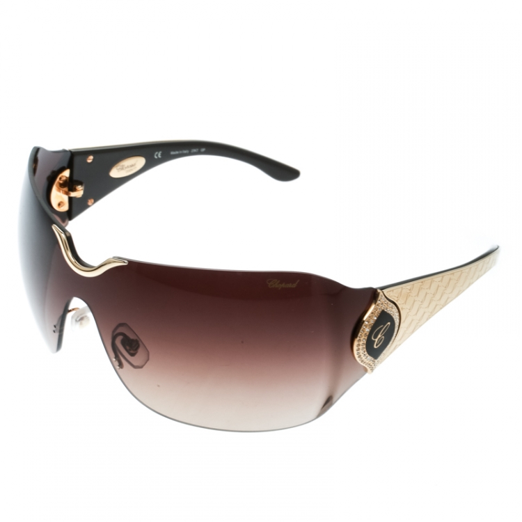 Pre Owned Chopard Gold / Brown Gradient Embossed SCH 883S Crystal Embellished Shield Sunglasses