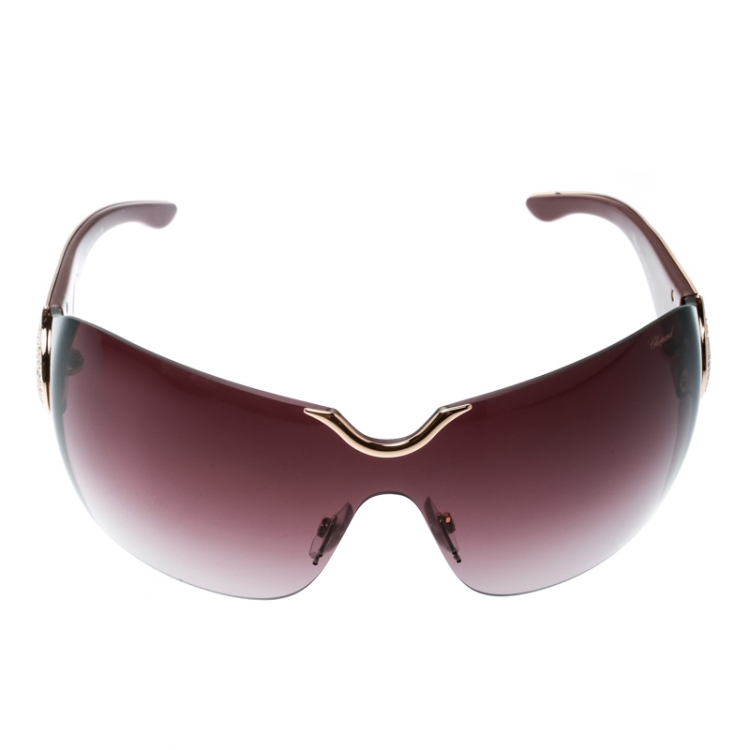 Pre Owned Chopard Gold/Burgundy Gradient SCH 883S Crystal Embellished Shield Sunglasses
