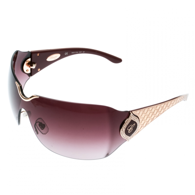 Pre Owned Chopard Gold/Burgundy Gradient SCH 883S Crystal Embellished Shield Sunglasses