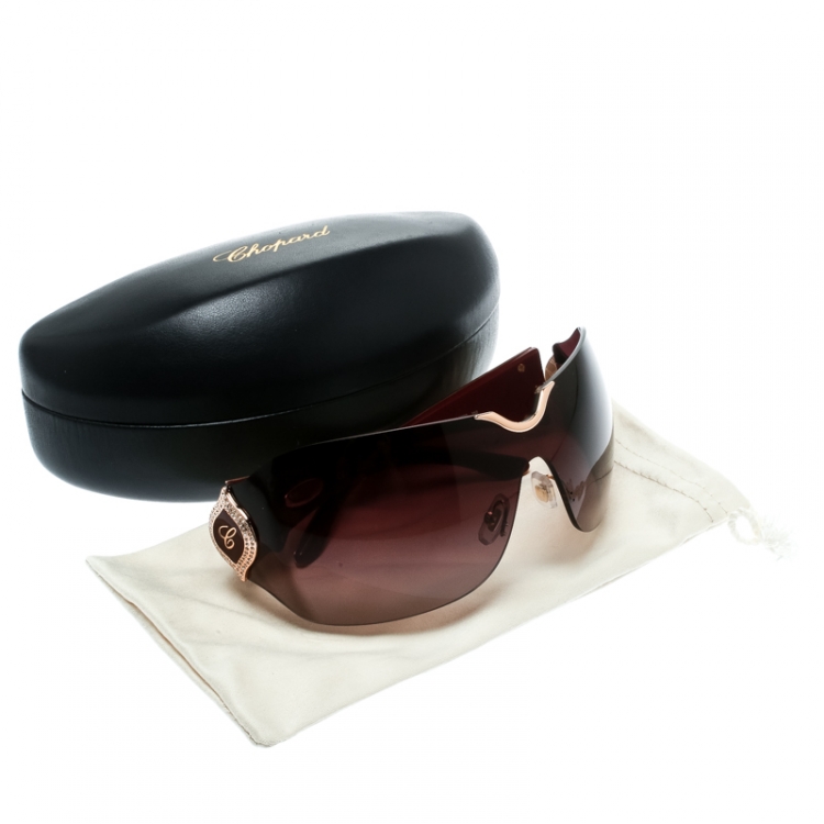 Pre Owned Chopard Gold/Burgundy Gradient SCH 883S Crystal Embellished Shield Sunglasses