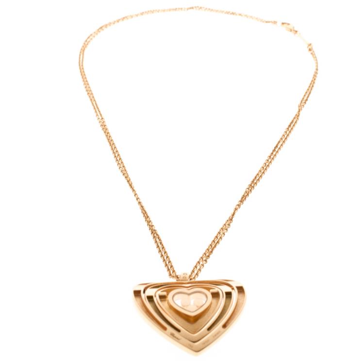 Pre Owned Chopard Happy Spirit Diamond Heart 18k Rose Gold Pendant Double Chain Necklace