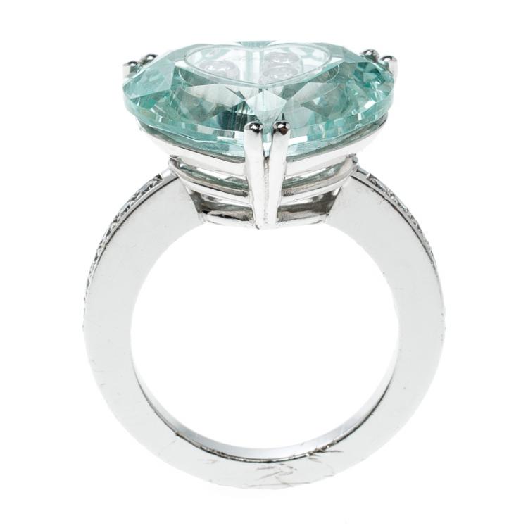 Pre Owned Chopard So Happy Green Stone Heart Diamond 18k White Gold Ring Size 51