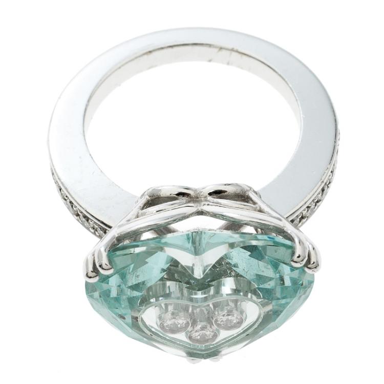 Pre Owned Chopard So Happy Green Stone Heart Diamond 18k White Gold Ring Size 51