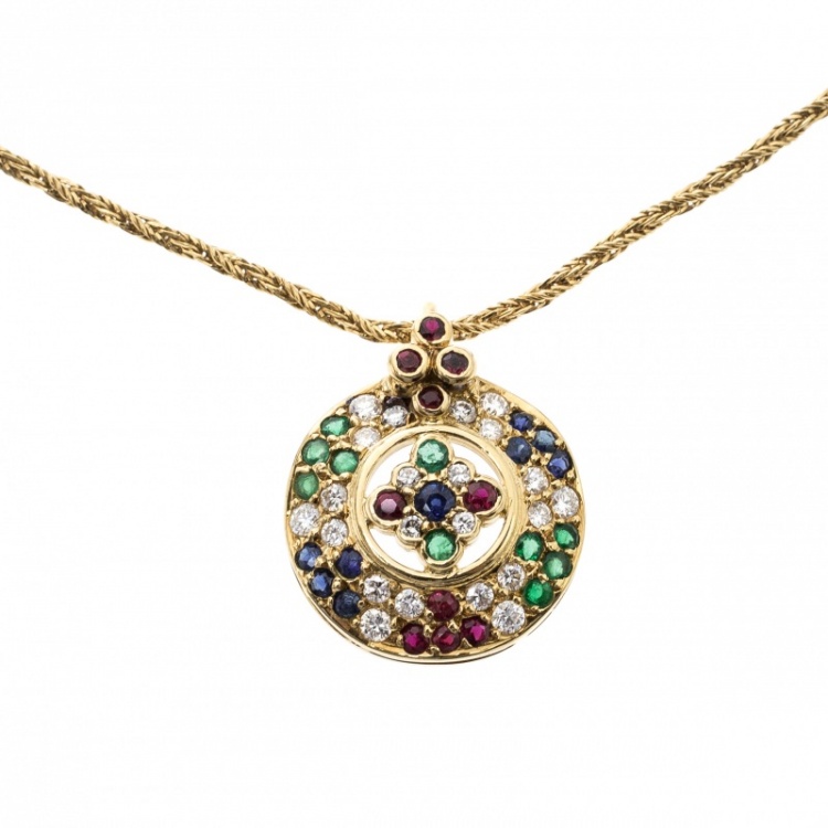 Pre Owned Chopard Vintage Multi Gem Pendant 18k Yellow Gold Rope Chain Necklace
