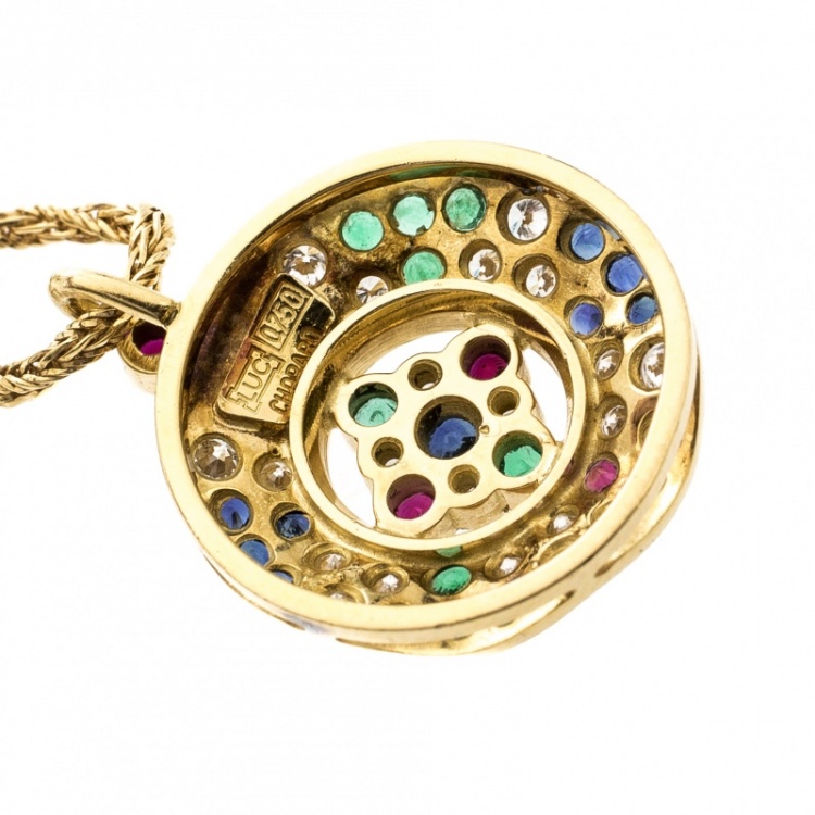 Pre Owned Chopard Vintage Multi Gem Pendant 18k Yellow Gold Rope Chain Necklace