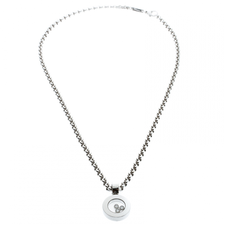 Pre Owned Chopard Happy Diamonds 18k White Gold Round Pendant Belcher Chain Necklace