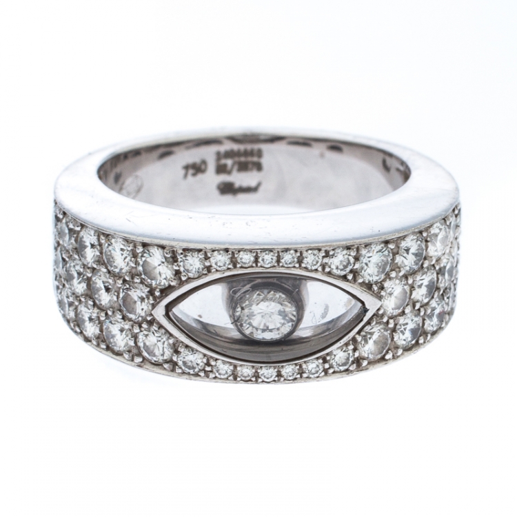 Pre Owned Chopard Happy Diamond Lozenge Shaped 18K White Gold Cocktail Band Ring Size 55