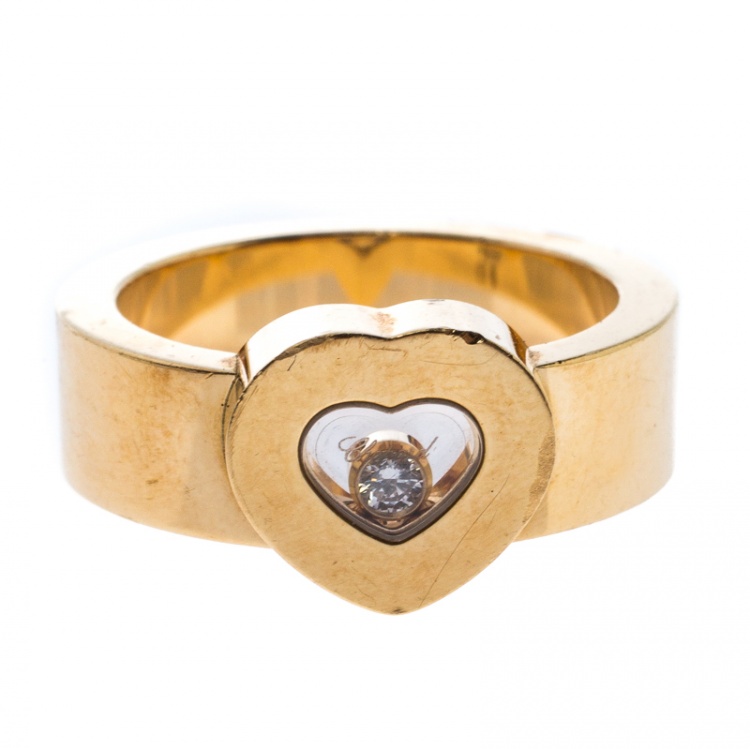 Pre Owned Chopard Happy Diamond Heart 18k Yellow Gold Ring Size 53